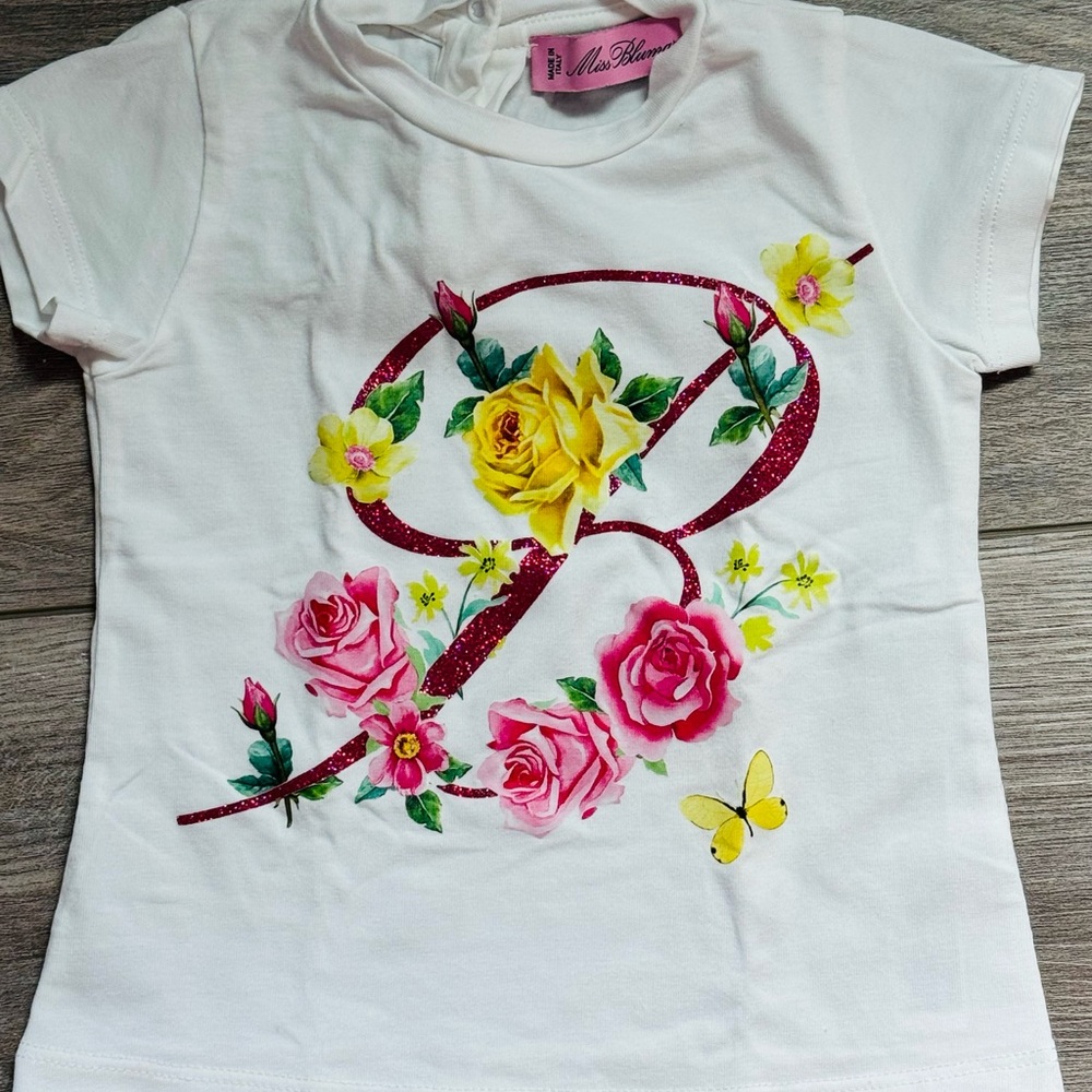 Miss Blumarine White and Pink Floral Tee